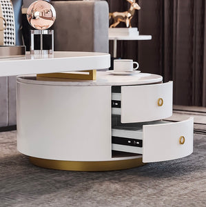 Idra White Oval Expandable Coffee Table Modern Faux Marble&Manufactured Wood Accent Table with 2-Drawer
