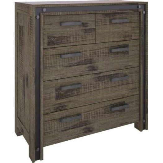 VI Industrial Solid Acacia Tall Boy 2 Over 3 Drawers Brushed Rough Sawn Finish