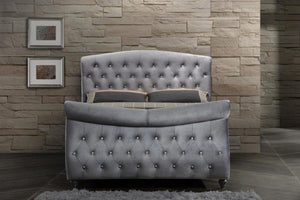 Asmara Hudson Sleigh King and Queen Size Bed in Gray Velvet Contemporary