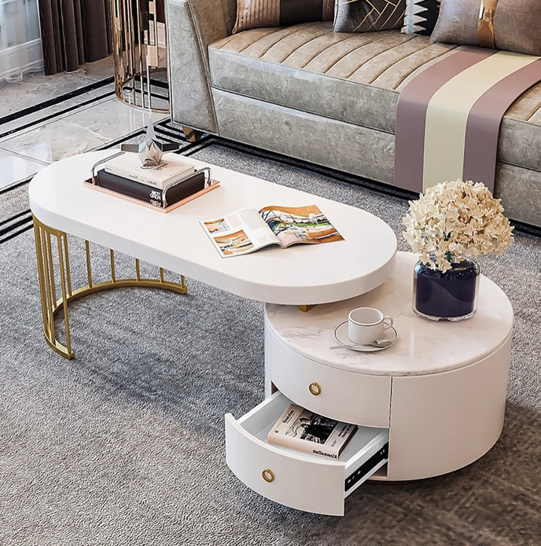 Idra White Oval Expandable Coffee Table Modern Faux Marble&Manufactured Wood Accent Table with 2-Drawer